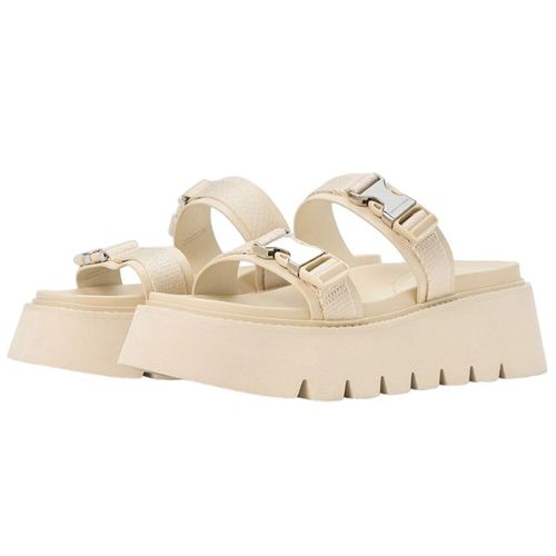 Dép Nữ Charles & Keith CNK Laine Metallic Buckle Flatform Round Toe Sandal Beige 70381040 Màu Be Size 37