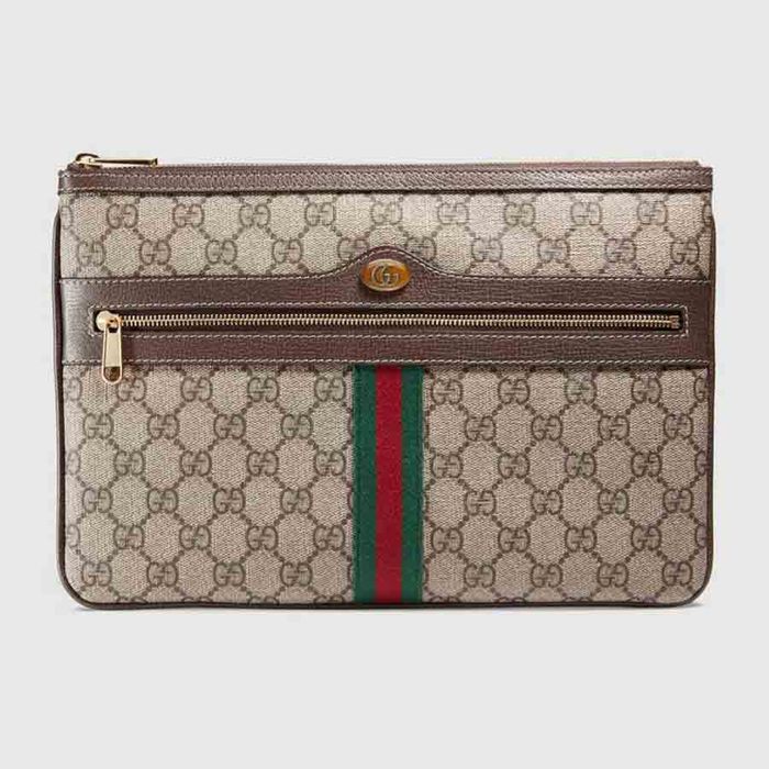 Túi Cầm Tay Gucci Ophidia GG Supreme Pouch Màu Be Phối Nâu