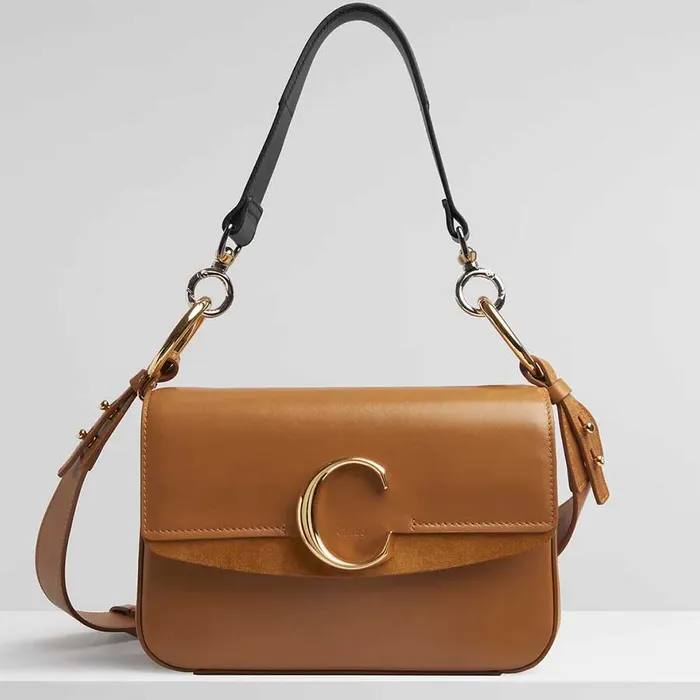 Túi Đeo Vai Chloé C Small Double Carry Bag In Shiny & Suede Calfskin Màu Vàng Nâu