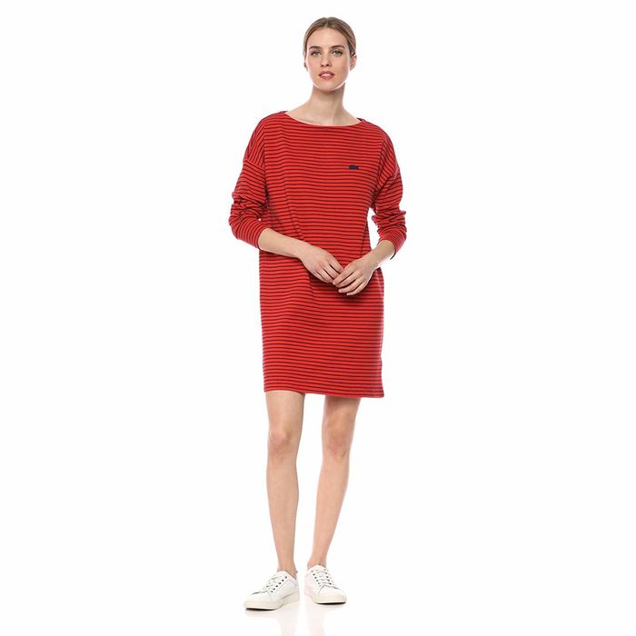 Váy Lacoste Women's Boat Neck Striped Interlock Nautical Dress Màu Đỏ Cam Kẻ Size XS