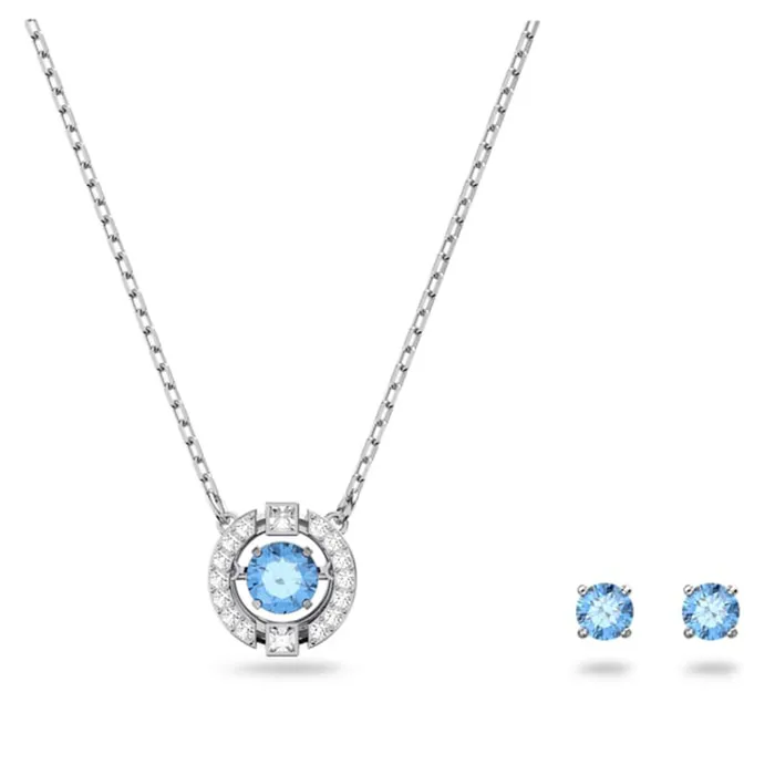 Set Dây Chuyền Khuyên Tai Swarovski Sparkling Dance Setround, Blue, Rhodium Plated 5480485