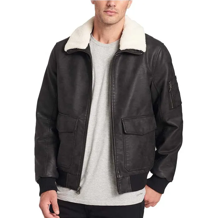 Áo Khoác Da Nam Dockers Maverick Faux Leather Sherpa Collar Aviator Bomber Jacket Màu Đen