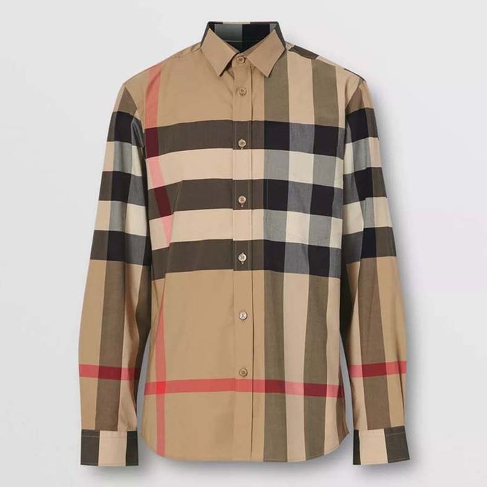 Áo Sơ Mi Burberry Check Stretch Cotton Poplin Shirt Sọc Nâu Size L