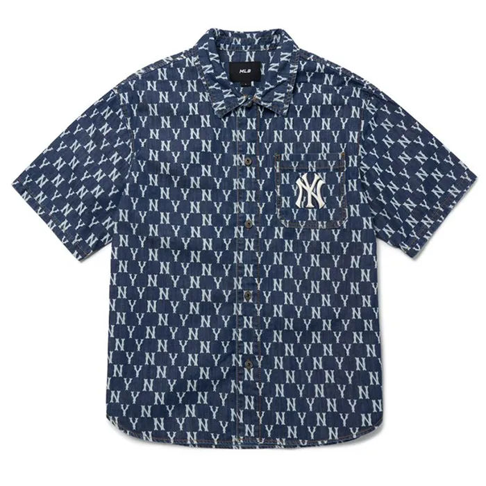 Áo Sơ Mi MLB Classic Monogram Denim Short Sleeves Shirt New York Yankees 3ADRMN123-50BLS Xanh Đậm Size S