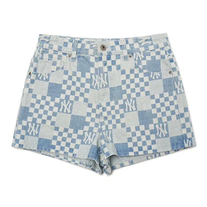Quần Short MLB Wms Checkerboard Laser Print Denim Shorts New York Yankees 3FDPM0323-50BLL Xanh Nhạt Size XS