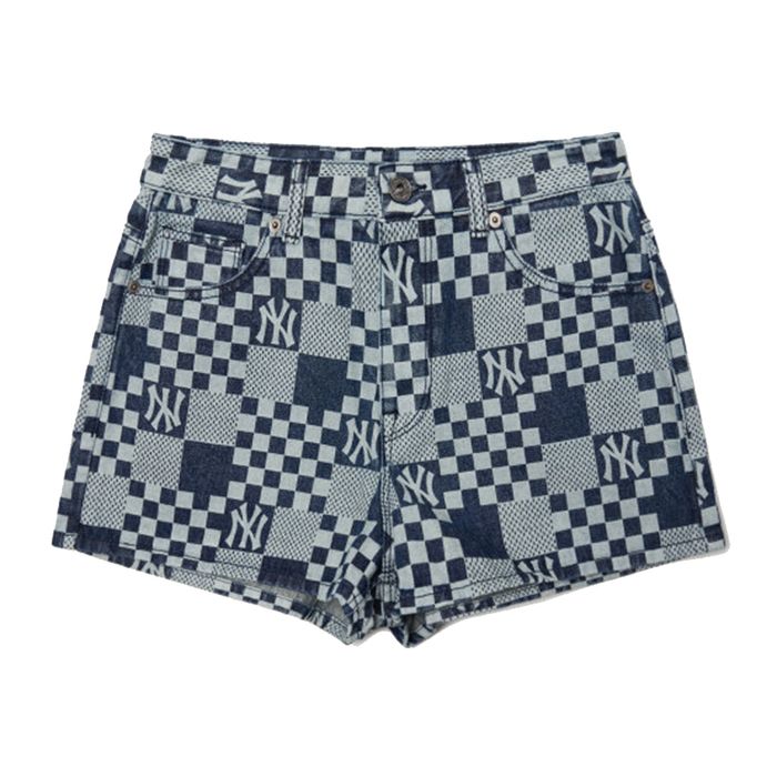 Quần Short MLB Wms Checkerboard Laser Print Denim Shorts New York Yankees 3FDPM0323-50BLS Xanh Đậm