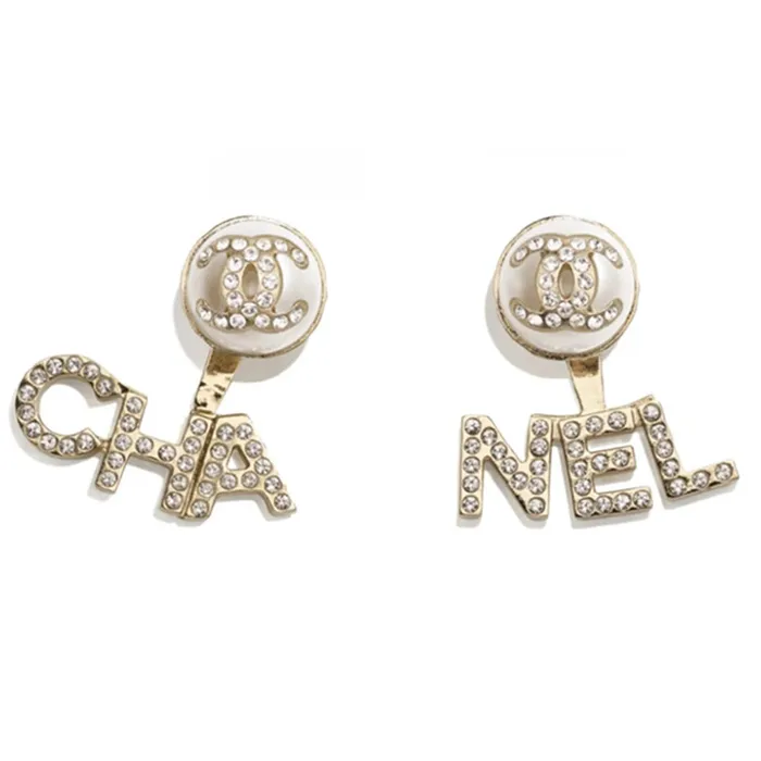 Khuyên Tai Chanel Gold CC Logo Pearls And Crystals Studded Earrings Màu Vàng Gold