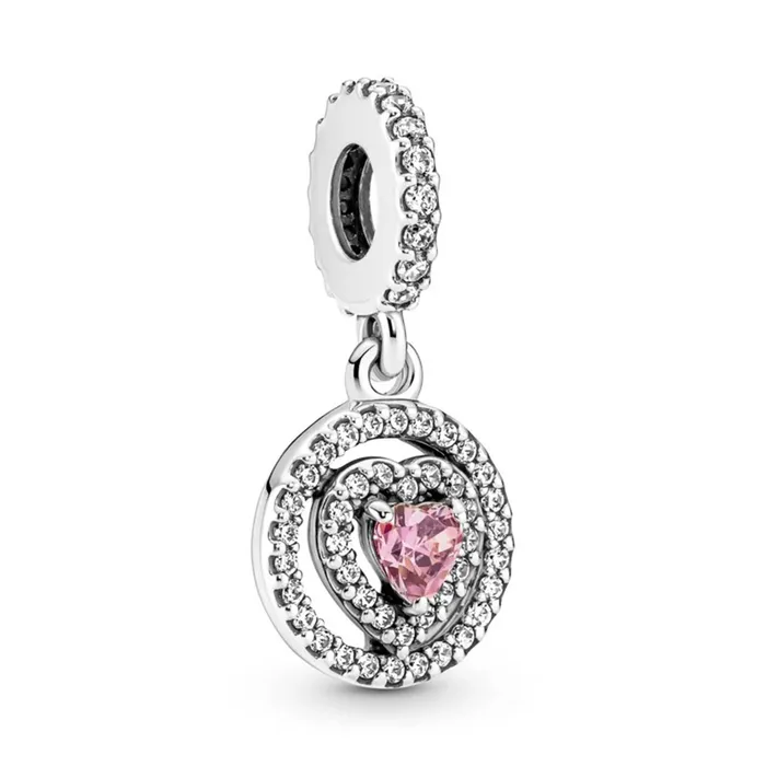 Hạt Vòng Charm Pandora Sparkling Double Halo Heart Dangle 791476C01 Màu Hồng