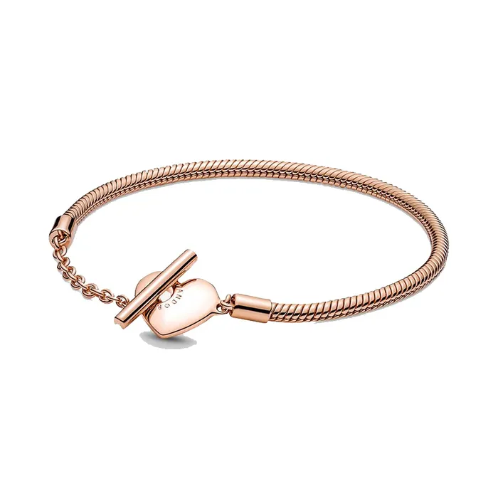 Vòng Đeo Tay Pandora Moments Heart T-Bar Snake Chain Bracelet 589285C00  Màu Vàng Hồng Size 17