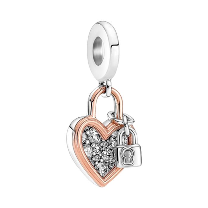 Hạt Vòng Charm Pandora Heart Padlock Double Dangle 780087C01 Màu Bạc Phối Vàng Hồng