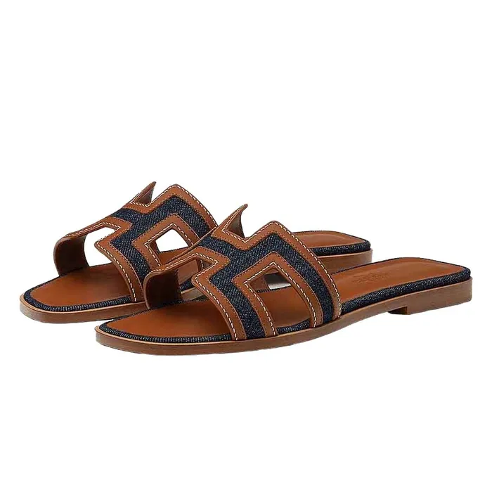 Dép Hermès Oran Sandal Bleu Brut Gold Màu Nâu