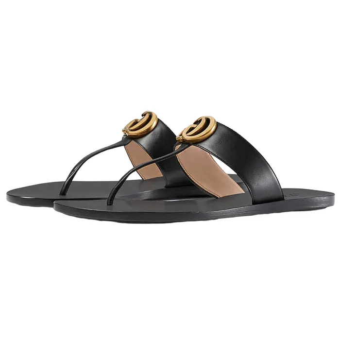 Dép Xỏ Ngón Gucci Leather Thong Sandal With Double G Màu Đen