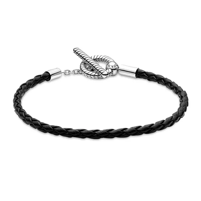 Vòng Đeo Tay Pandora  Moments Braided Leather T-Bar Bracelet 591675C01 Màu Đen Bạc Size 20.5