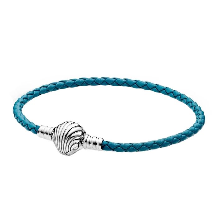 Vòng Đeo Tay Pandora Moments Seashell Clasp Turquoise Braided Leather Bracelet 598951C01 Màu Xanh Lam Size 21