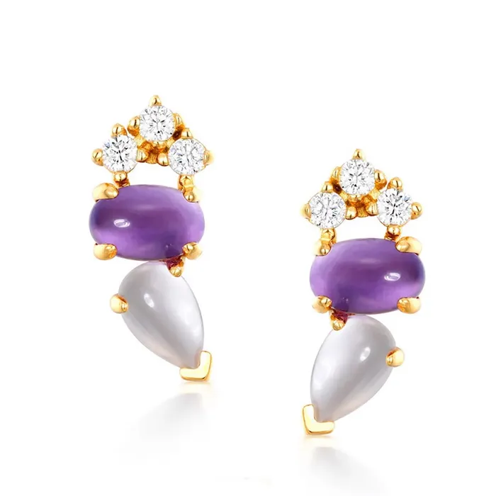 Khuyên Tai Kya Jewel Thạch Anh Tím Và Pha Lê Hồng Dáng Giọt Nước Nữ Tính E138