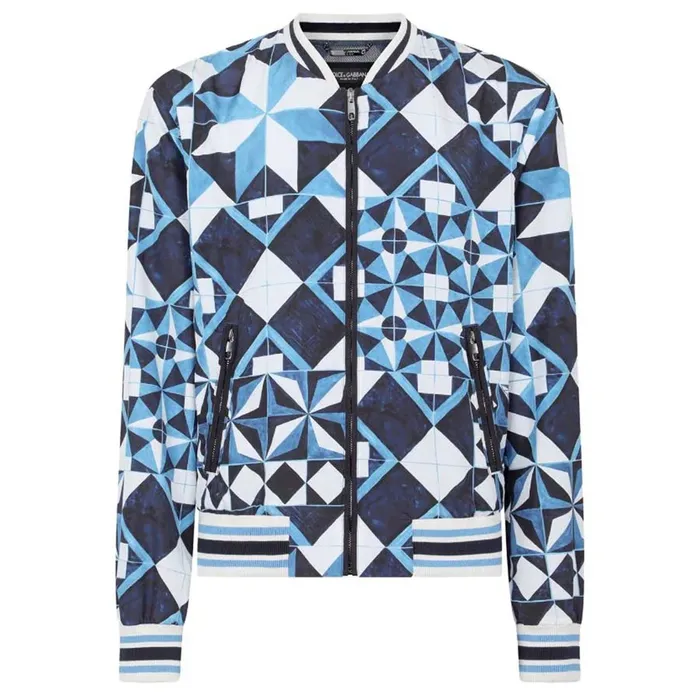 Áo Khoác Nam Dolce & Gabbana D&G Majolica-Print Bomber Jacket Màu Xanh Trắng Size 46