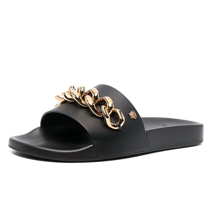 Dép Versace Medusa Chain Leather Slides Màu Đen