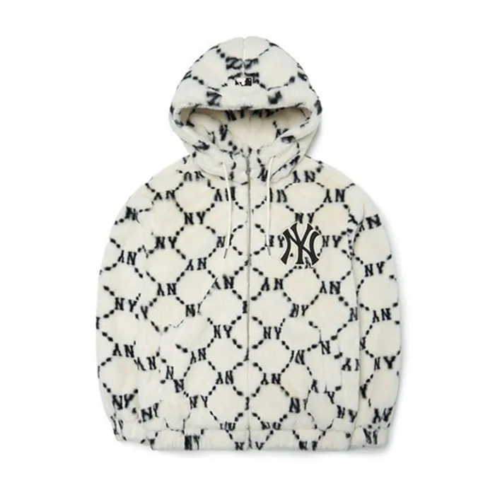 Áo Khoác Lông MLB Dia Monogram All Over Hooded Eco Fur Jumper New York Yankees 3AFDM0226-50CRS Màu Trắng Size S
