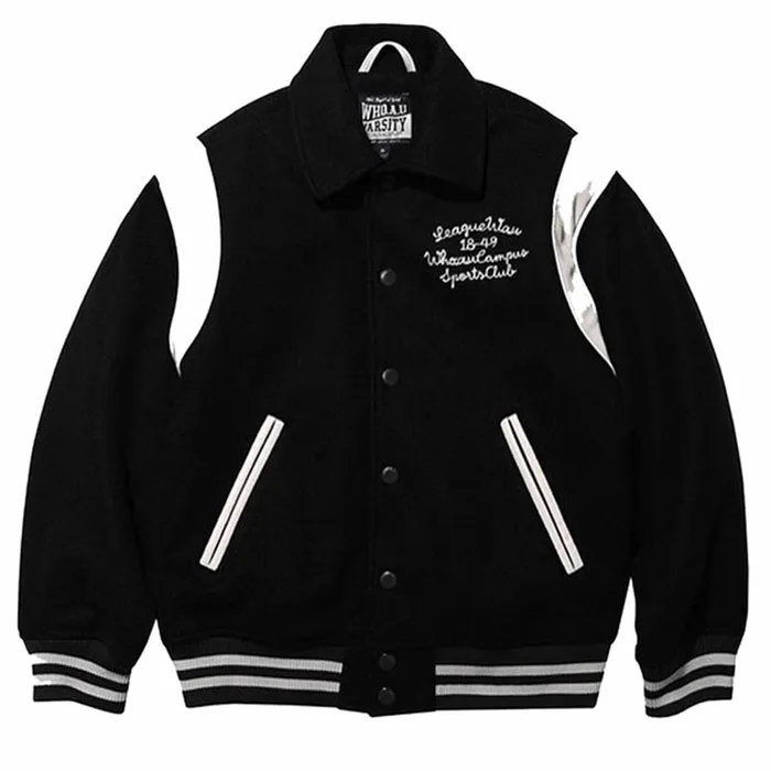 Áo Bomber WHOAU Vasity Studded Street Style Plain Logo Souvenir Jackets Màu Đen Trắng Size S
