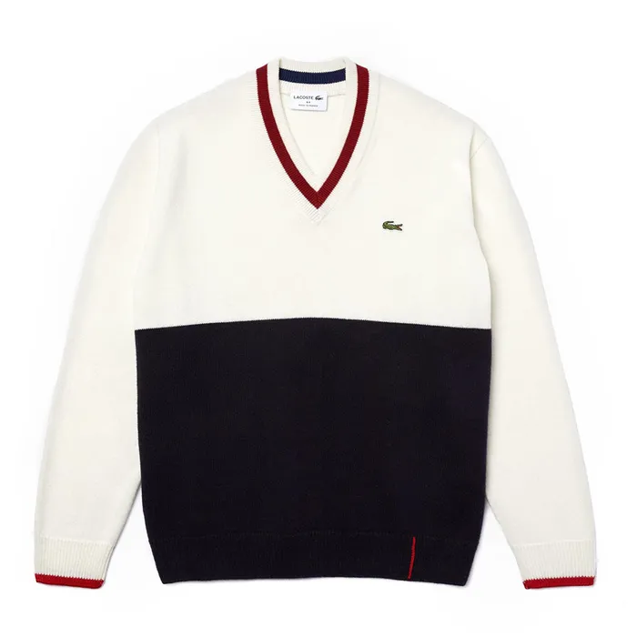 Áo Len Lacoste Men's Made In France Two-Tone Wool V-Neck Sweater AH2051 Màu Đen Trắng Size S