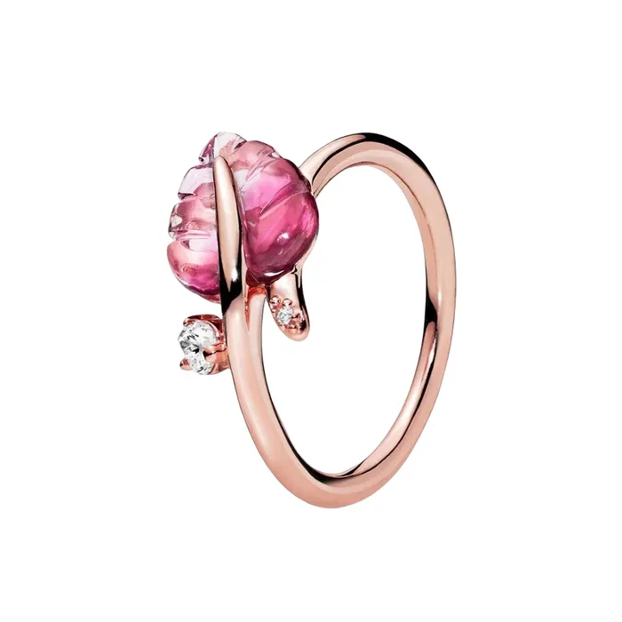 Nhẫn Pandora Rose Pink Murano Glass Leaf Ring 188319PMU Màu Vàng Hồng Size 52