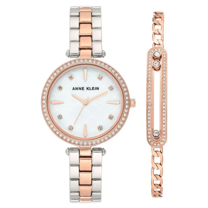 Set Đồng Hồ Nữ Anne Klein Quartz Crystal White Mother Of Pearl Dial Ladies Watch And Bracelet AK/3559RTST Màu Bạc Phối Vàng Hồng