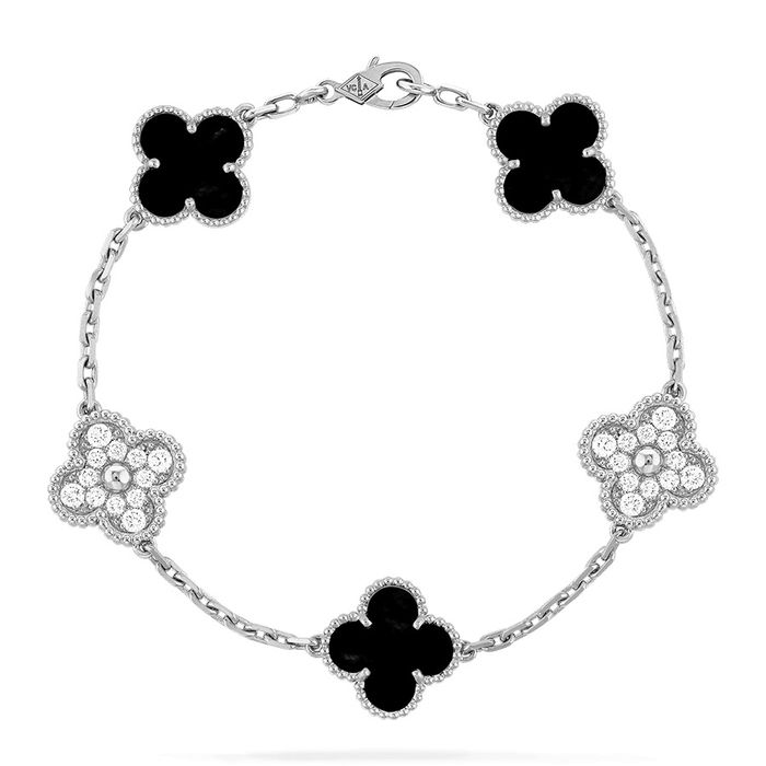Vòng Đeo Tay Jewery Luxury Vintage Alhambra Bracelet, 5 Motifs Màu Bạc, Đen