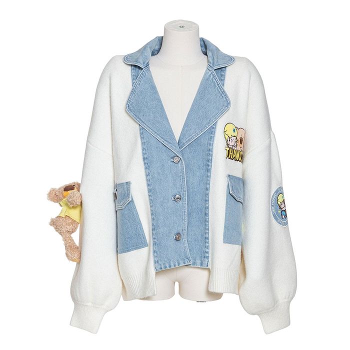 Áo Khoác 13 De Marzo x Pop Mart Sweet Bean Bear Puff Sleeve Cardigan White FR-JX-658 Màu Trắng Xanh Size M