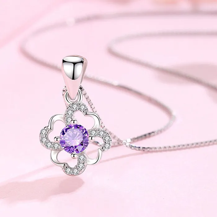 Dây Chuyền Lili Jewelry Bạc Nữ Đính Đá CZ Cỏ 4 Lá Trái Tim Tình Yêu LILI_732378 Màu Tím