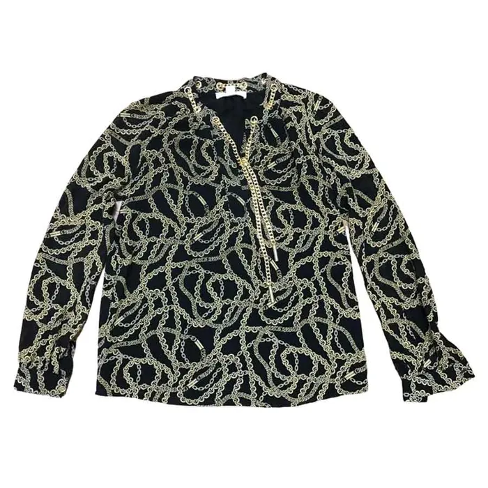 Áo Sơ Mi Nữ Michael Kors MK Cổ Xích Màu Đen Họa Tiết Vàng Size XS