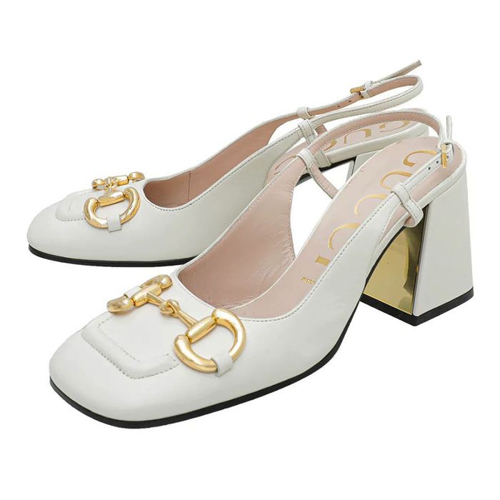 Giày Cao Gót Gucci Women's Mid-Heel Slingback With Horsebit Màu Trắng Size 35
