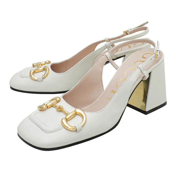 Giày Cao Gót Gucci Women's Mid-Heel Slingback With Horsebit Màu Trắng Size 36