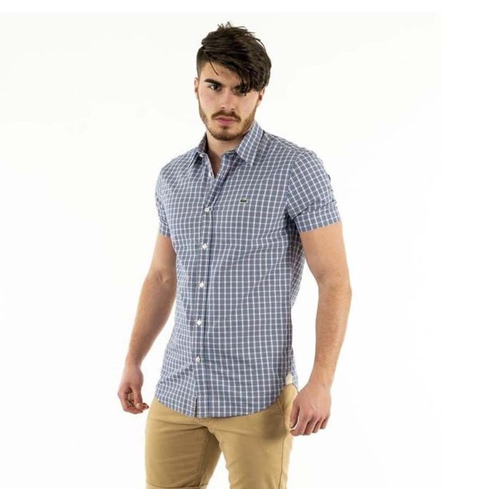 Áo Sơ Mi Cộc Tay Lacoste Men's Short Sleeve Shirt CH4495 Màu Kẻ Xanh Size 41