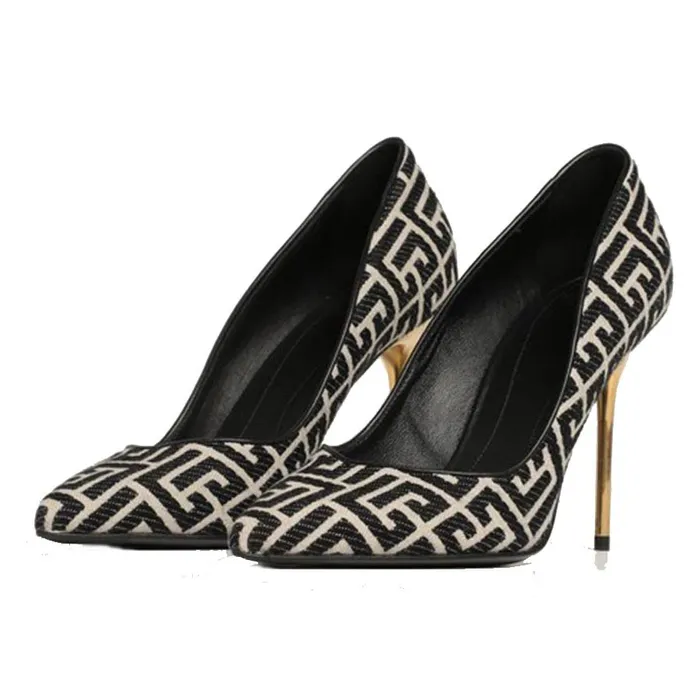 Giày Cao Gót Balmain Black In Monogram Fabric Pumps Màu Đen Họa Tiết Nâu Size 35.5