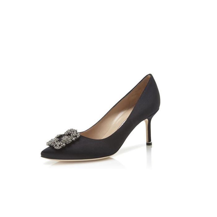Giày Cao Gót Manolo Hangisi 70 Blahnik Black Satin Jewel Buckle Pumps 7 Phân