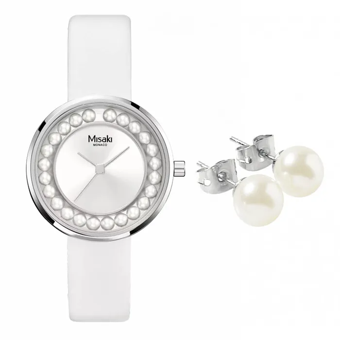 Set Đồng Hồ Và Khuyên Tai  Misaki Monaco Coffret ELLA Màu Trắng