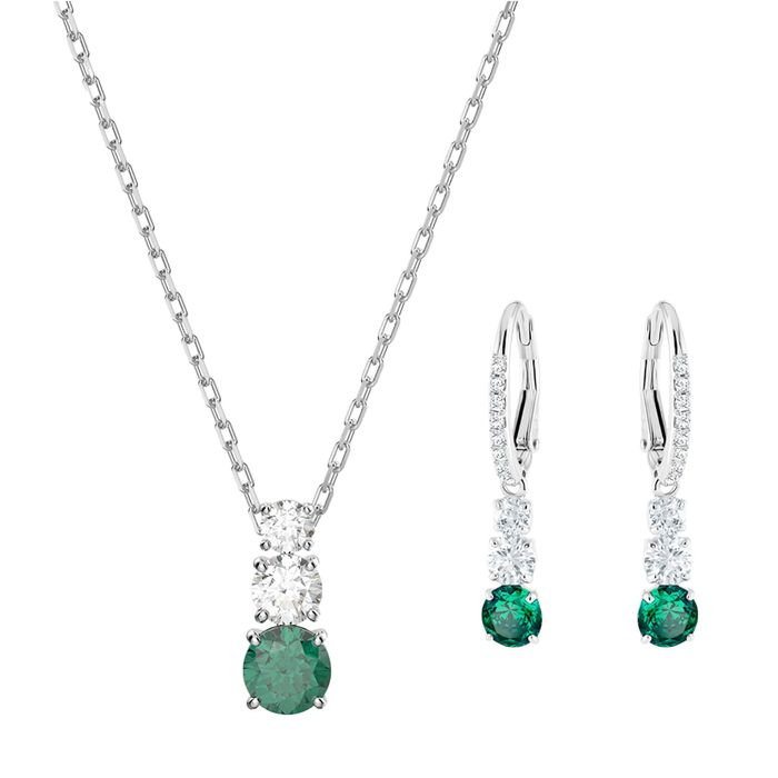 Combo Dây Chuyền Và Khuyên Tai Swarovski Attract Trilogy Green, Rhodium Plated 5646717 5414682 Màu Xanh Bạc
