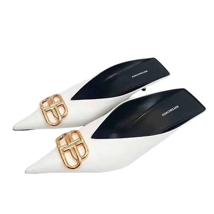 Dép Sục Nữ Balenciaga Square Knife BB Leather Mules In White Màu Trắng Size 36.5