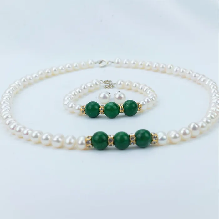 Set Dây Chuyền + Vòng Tay + Khuyên Tai Nữ Minh Hà Pearl Jewelry Ngọc Trai Đính Đá Cẩm Thạch Màu Xanh Trắng