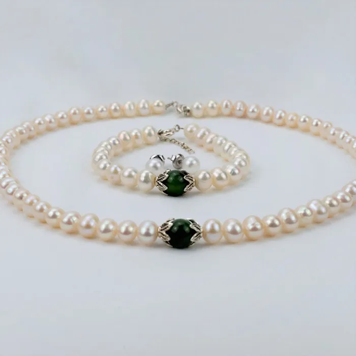 Set Dây Chuyền + Vòng Tay + Khuyên Tai  Nữ Minh Hà Pearl Jewelry Ngọc Trai Đính Đá Màu Xanh Trắng