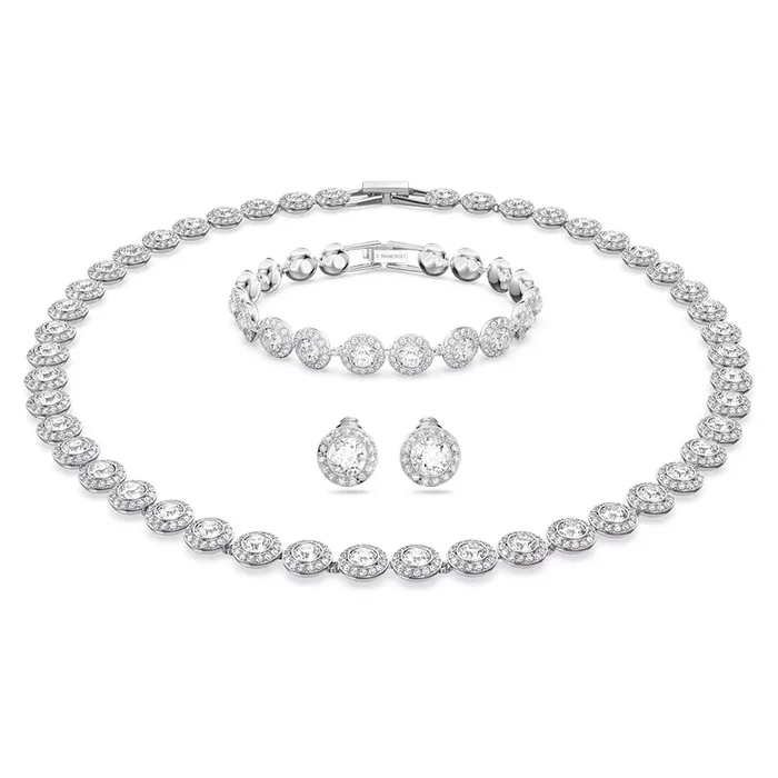 Set Dây Chuyền, Vòng Tay, Khuyên Tai Nữ Swarovski Angelic  Round Cut, White, Rhodium Plated 5367853 Màu Bạc