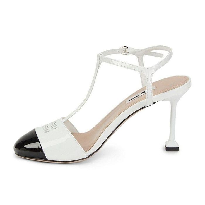 Giày Cao Gót Miu Miu Cap Toe Leather Pumps Màu Trắng Đen