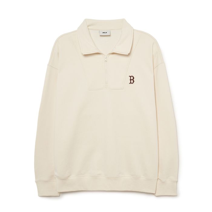 Áo Nỉ Sweater MLB Basic Small Logo Half Zip-Up Overfit Sweatshirt Boston Red Sox 3AMTB0534-43CRD Màu Kem