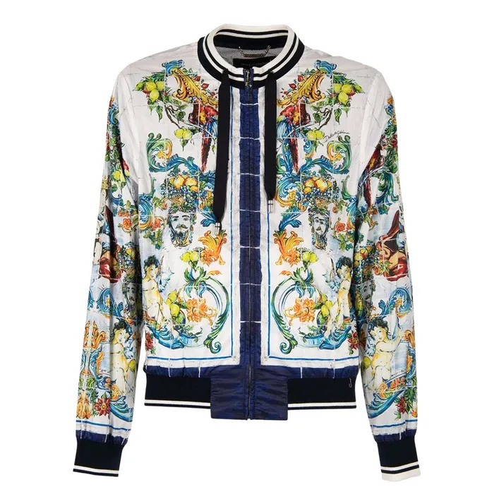 Áo Khoác Nam Dolce & Gabbana D&G Majolica Baroque Printed Bomber Jacket G9LI4THPM17 Màu Trắng Xanh Size 46