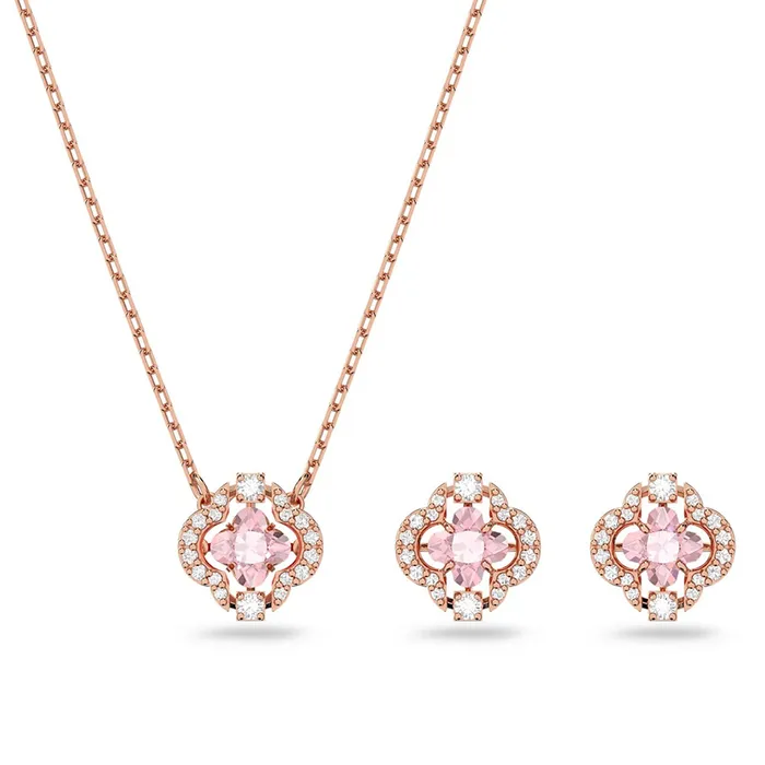 Set Dây Chuyền, Khuyên Tai Nữ Swarovski Sparkling Clover Dance Set Pink Rose Gold Tone Plated Màu Vàng Hồng