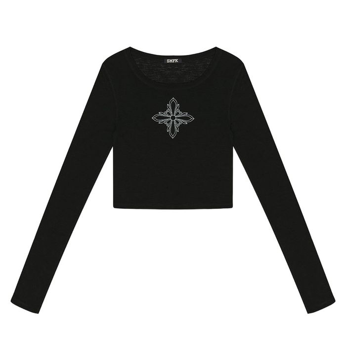 Áo Croptop Nữ SMFK Black Wildworld Baroque Emblem ULS13B Màu Đen