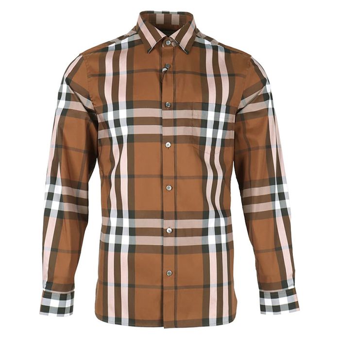Áo Sơ Mi Nam Burberry Check Stretch Cotton Poplin Shirt Russet Brown 8004535 Màu Nâu Size M