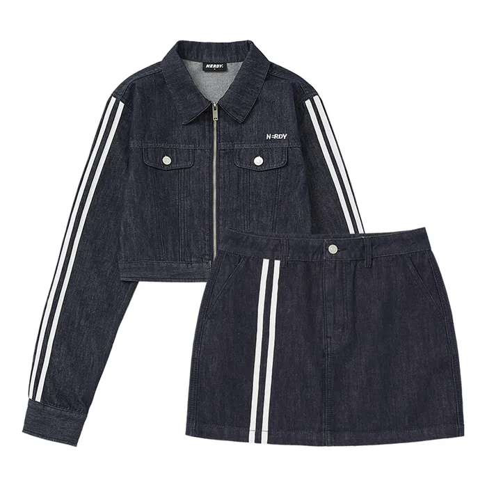 Set Áo + Chân Váy Nữ Nerdy Crop Top Denim Màu Xanh Đen