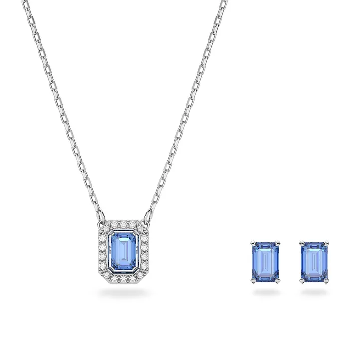 Set Dây Chuyền + Khuyên Tai Nữ Swarovski Millenia Set Octagon Cut, Blue, Rhodium Plated 5641171 Màu Xanh