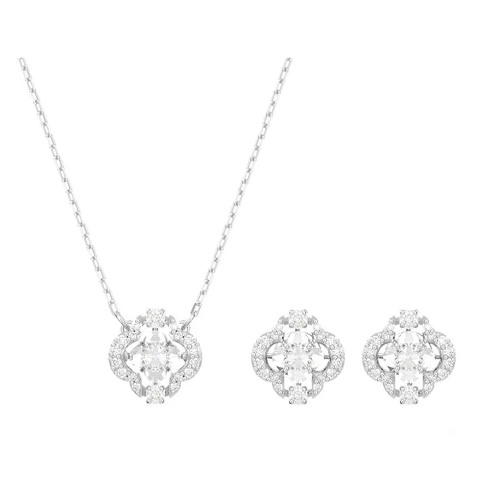 Set Dây Chuyền + Khuyên Tai Nữ Swarovski Sparkling Dance Set Mixed Cuts, Clover, White, Rose Gold-Tone Plated 5642929 Màu Bạc Trắng